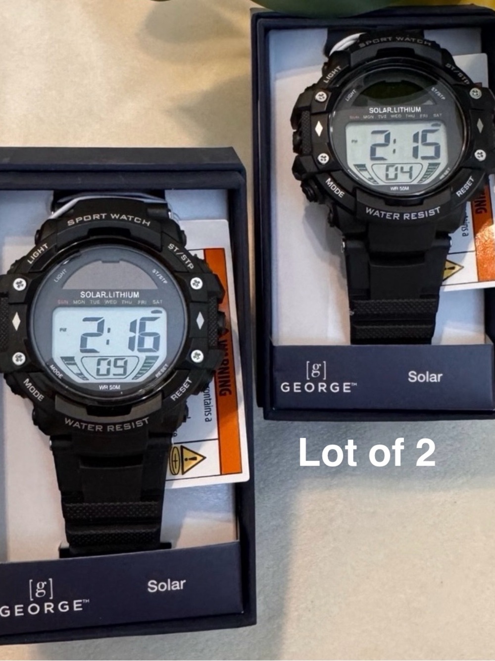 George Mens Solar Digital Wristwatch Plastic Strap , Lot of 2